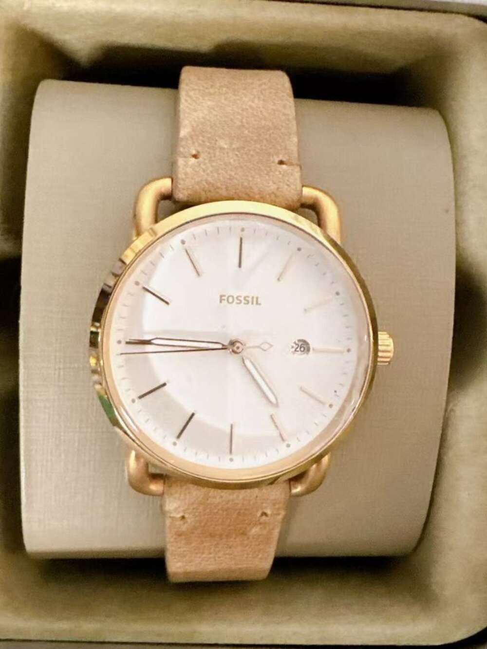 Fossil Commuter ES4335 Rose Gold White Dial Beige Leather Quartz Watch